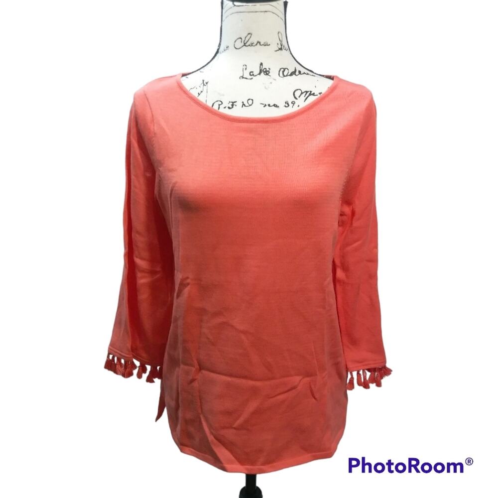 Hannah Coral Knit Sweater With Tassel Trim Sleeve Coastal Size S